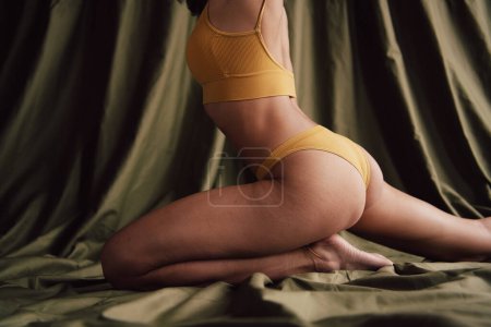 Cropped unretouched photo of girl sit posing wear lingerie isolated khaki linen studio background.