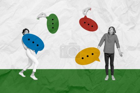 Composite photo collage of two astonished girl guy carry text box dialogue communication hand hold bubble isolated on painted background.