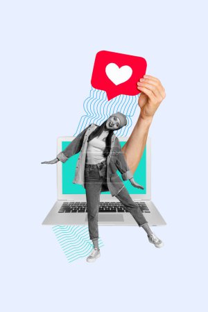 collage vertical imagen joven feliz mujer icono de corazón notificación recibir comentarios como seguir suscripción redes sociales.