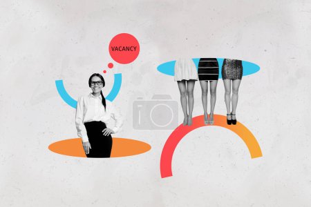 Trend artwork sketch collage of young lady hr confident stand open vacancy find candidate three bodyless lady wait result employment.