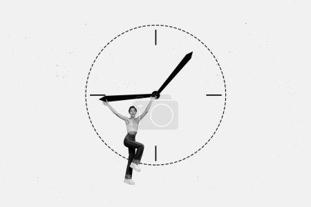 Skizze 3D-Fotocollage von schwarz-weißer Silhouette junge starke Dame arbeiten Remote-Stand auf riesige Uhr zeigen Zeit halten in der Hand Pfeil Frist.