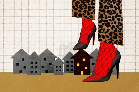 Composite photo collage of woman legs wear leopard trousers heels step house under shoe domination owner isolated on painted background.