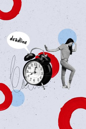 Vertical photo collage of crazy girl hand hold head huge alarm clock deadline bubble text limit time expire isolated on painted background.