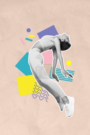 Vertikale Bildcollage von ernsthaften konzentrierten Sportlerin machen Purzelbäume Yoga Fertigkeit flexibler Athlet isoliert auf gemaltem Hintergrund.
