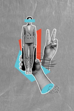 Vertikale Foto-Collage von Händen zeigen Geste Sieg hallo halten iphone Bildschirm Mädchen cybersecurity Privatsphäre isoliert auf gemaltem Hintergrund.