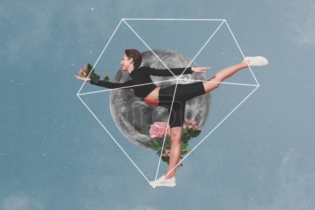 Collage-Kunstwerk Bild von schlanken sexy Dame genießen Nachtsport isoliert grafische graue Farbe Hintergrund.