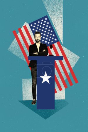foto collage vertical de hombre serio nominado presidente EE.UU. bandera etapa nación democracia elección voto aislado sobre fondo pintado.
