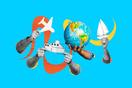 Creative photo collage image human hands holding earth glove planet yacht ship cruise airplane flight departure booking.