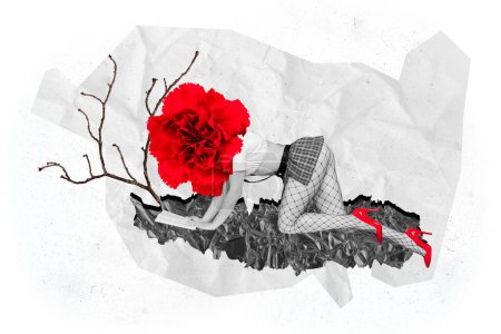 collage de fotos compuesto de chica seductora erótica usar sexy falda corta tacones en lugar flor flor del árbol de la cabeza aislado sobre fondo pintado.