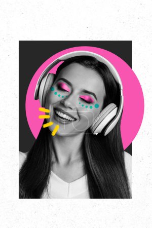 Vertical picture collage cheerful pretty smiling girl headphones smile music listener joyful positive mood drawing background.