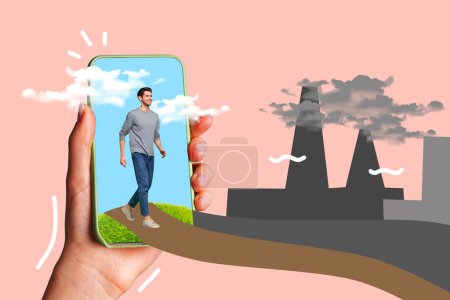 Composite photo collage of happy man walk iphone screen path relocation village vs city air pollution smog isolated on painted background.