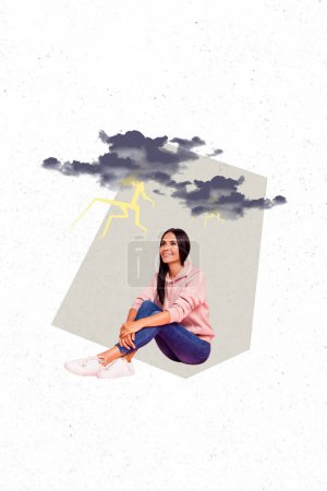Vertical creative image collage young cheerful girl sitting thunderstorm lightning bad weather conditions forecast drawing background.