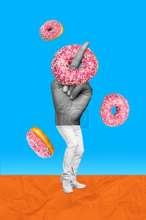 Composite sketch image artwork photo collage of young guy incognito bodyless show finger point direction way wear on palm sweet donut.