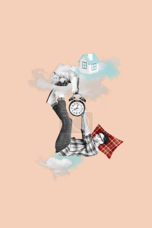 Bosquejo imagen compuesta tendencia ilustraciones 3D foto collage de tipo somnoliento celebrar reloj en la mano ver sueños con casa de tigre en nubes.
