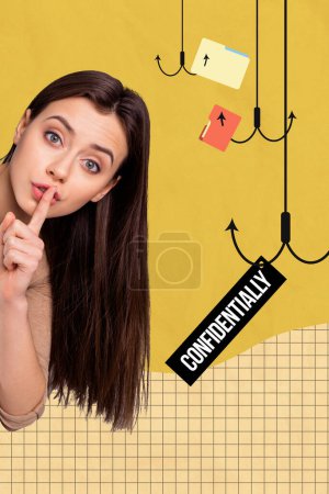 Collage photo 3D illustration composite croquis image de jeune femme attrayante montrer symbole doigt shh dossiers confidentiels attraper crochet énorme.