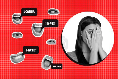 Creative collage young woman suffer loser hate hide face cover peek espionage bullying humiliation mental pressure drawing background.