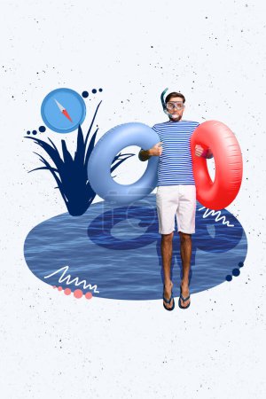 Vertikale Foto-Collage von Kerl tragen Flip-Flops Maske Rohr Tauchrettungsring Palme Blätter Urlaub Sommer Ozean Reise isoliert auf gemaltem Hintergrund.