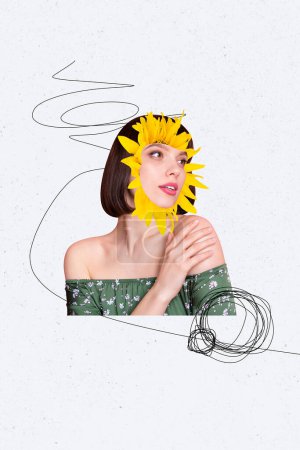 Vertical creative photo collage young posing portrait woman sunflower spring march holiday yellow blossom flourish drawing doodles.