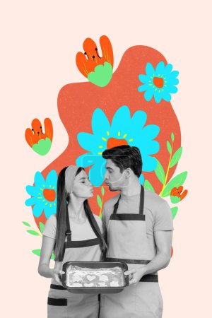 Bild Collage Bild von Frau und Mann küssen Lippen halten Kekse Form kulinarische Romantik isoliert auf gemaltem Hintergrund.