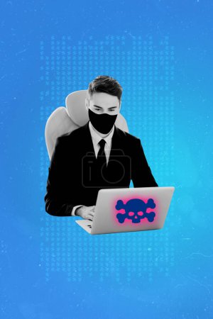 Kreative vertikale Collage Bild junger Geschäftsmann Unternehmer Laptop Schädel Gefahr Infektion Virus Cyber-Sicherheit Datensicherheit.