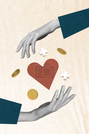 Composite collage de couleur beige fond don charité mains tenir entre faire un don aider les uns les autres soutenir les pièces d'argent coeur.