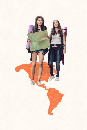 3D photo collage trend artwork composite sketch image of two young tourist ladies travel america wear backpack look at map find way.