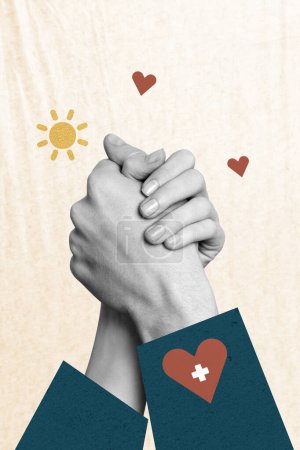 Zusammengesetzte Collage aus beigefarbenem Hintergrund Spende Charity zwei Hände zusammenhalten helfen einander zu teilen Unterstützung Herzform Blutspender.