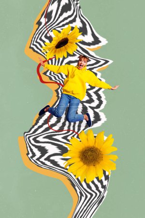 Composite trend artwork photo collage of green color black white zebra line yellow huge sunflower young lady pose amazed jump wow surprise.