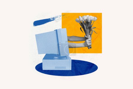 Composite artwork collage of blue color old computer monitor retro technology hand appear from display hold tulip bouquet woman day gift.
