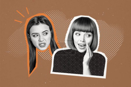 Composite photo collage of two girls share gossips lies dissatisfaction emotion curiosity whisper murmur isolated on painted background.