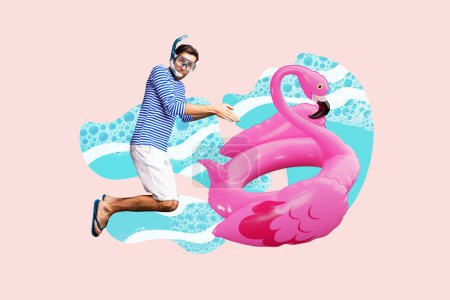 Composite photo collage of excited man wear swim equipment mask tube dive lifebuoy flamingo ocean swimmer isolated on painted background.