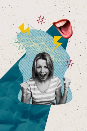 Vertical photo collage of angry girl scream show fists power confident mouth shout hate bullying society isolated on painted background.
