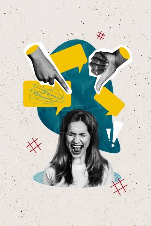 Vertical photo collage of angry innocent girl scream hand show thumb down point society hate bullying victim isolated on painted background.