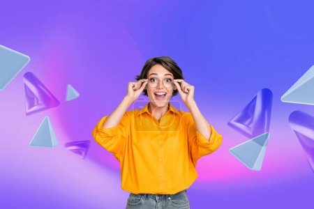 Creative collage young amazed impressed excited cute girl look stare glasses 3d elements virtual reality simulation drawing background.