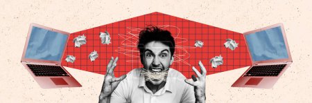 Composite-Panorama-Collage von wütenden Mann schreien macbook Gerät werfen zerknüllte Papier Cyberbully Angriff Hass isoliert auf gemaltem Hintergrund.