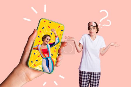 Creative image collage young cheerful dancing woman party celebration festive event decorations smartphone screen social media blog.