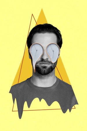 Trend Artwork Composite Skizze 3D Fotocollage von jungen Mann augenlose blinde Deckaugen schmelzende Uhr Porträt geometrische Elemente Dreieck.
