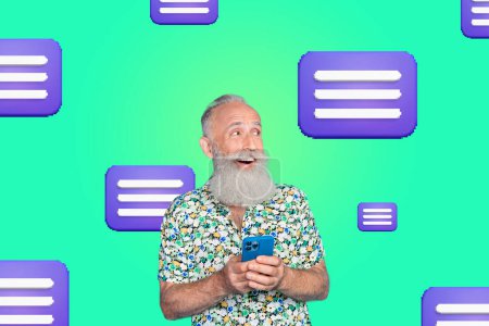 Collage photo composite du vieil homme heureux tenir appareil iphone recevoir message email correspondance médias isolés sur fond peint.