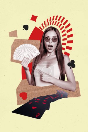 collage de fotos verticales de chica asombrada usar gafas de sol mantener dinero ingresos del ventilador ganar juego de póquer combinación de apuestas aislado sobre fondo pintado.