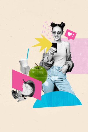 Collage image verticale jeune femme joyeuse blogueur réseau social pomme fruit cocktail recevoir notification smartphone.
