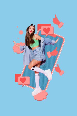 Vertical photo collage of happy girl stand big iphone screen reaction heart feedback thumb up blogging like isolated on painted background.