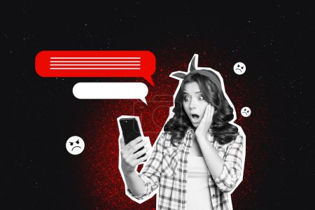 Composite photo collage of astonished girl hold iphone receive insult comment cyberbully bad emoji text box isolated on painted background.