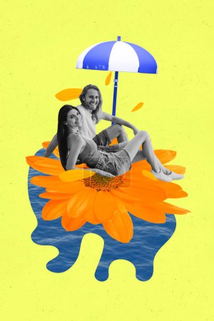 Collage photo verticale de heureux couple fille gars assis fleur bourgeon plage parasol vacances océan ensemble week-end isolé sur fond peint.