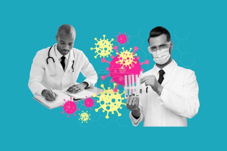 Picture collage creative image two scientists doctors create vaccine immune cure coronavirus protection epidemic treatment lab coats.
