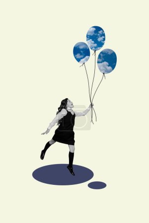 Vertical image collage of astonished excited schoolgirl fly string sky air balloon birthday school present isolated on colorful background.