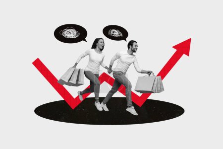 Skizze Bild 3D-Collage von schwarz-weißer Silhouette Mann Dame Paar laufen halten in der Hand Papiertüte Kauf Verkauf Pfeil nach oben Black Friday.