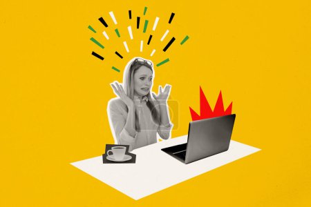Trend Artwork Composite Skizze Bild Foto Collage der Silhouette verwirrt verängstigt junge Dame Büroleiter Feuer Laptop trinken Kaffee.