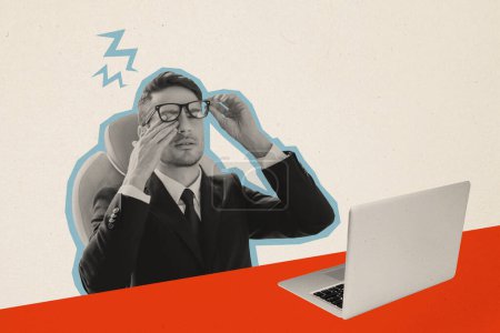 Trend Artwork Skizze Bild zusammengesetzte Fotocollage von Silhouette müde junger Kerl Büroleiter schließen Augen arbeiten Laptop schläfrig überladen.