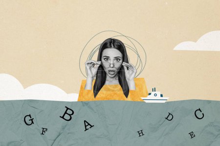 Kreative Collage Bild junge erstaunt Frau Brille schockierte Reaktion Blick starren Schiff Segeln Urlaub Meer Ozean Umwelt.