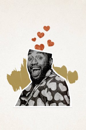 Vertical creativo cuadro collage joven sorprendido alegre hombre risa amor corazones febrero día de San Valentín vacaciones afecto redes sociales.